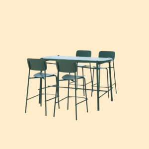 Mesa de bar verde con sus taburetes